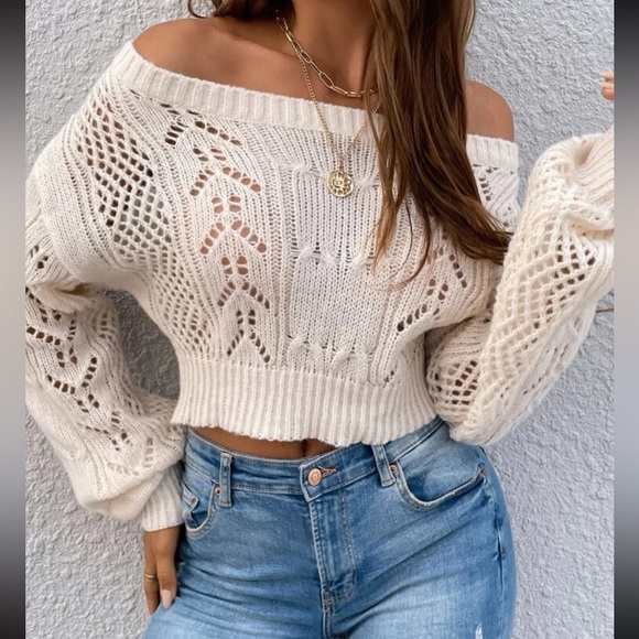 Luxe Sheer Crochet Knit Drop Shoulder Cropped Sweater Top Black - Picture 7 of 16